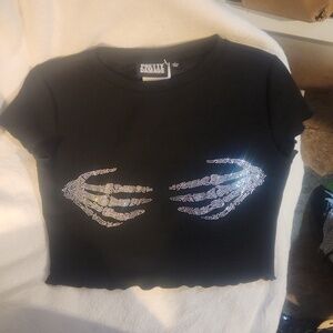 Women size small Pretty Damage rhinestone skeleton hands short sleeve t-shirt